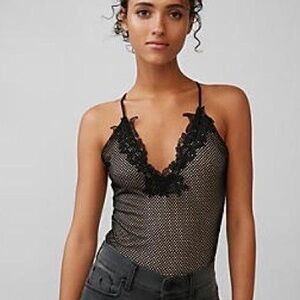 Black and nude floral lace fishnet thong body suit